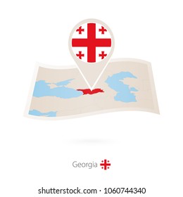 Folded paper map of Georgia with flag pin of Georgia. Vector Illustration