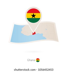 Folded paper map of Ghana with flag pin of Ghana. Vector Illustration
