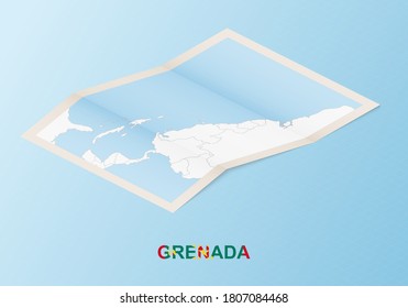 Folded paper map of Grenada with neighboring countries in isometric style on blue vector background.