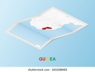 Folded paper map of Guinea with neighboring countries in isometric style on blue vector background.