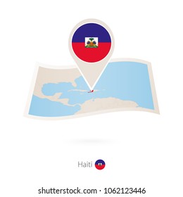 Folded paper map of Haiti with flag pin of Haiti. Vector Illustration