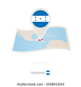 Folded paper map of Honduras with flag pin of Honduras. Vector Illustration