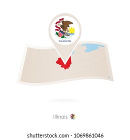 Folded paper map of Illinois  U.S. State with flag pin of Illinois.  Vector Illustration