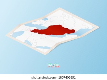 Folded paper map of Iran with neighboring countries in isometric style on blue vector background.