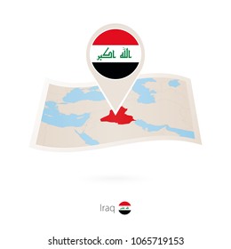 Folded paper map of Iraq with flag pin of Iraq. Vector Illustration