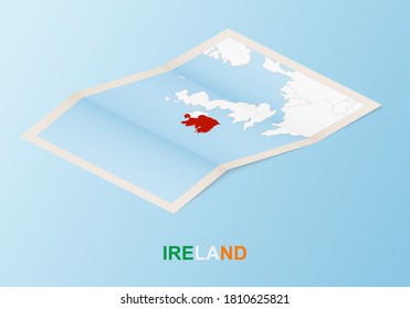 Folded paper map of Ireland with neighboring countries in isometric style on blue vector background.