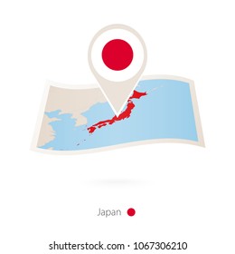 Folded paper map of Japan with flag pin of Japan. Vector Illustration