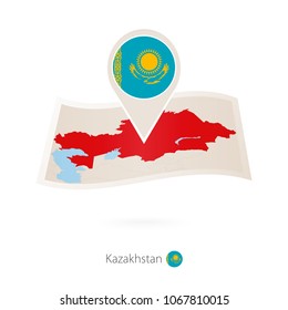 Folded paper map of Kazakhstan with flag pin of Kazakhstan. Vector Illustration