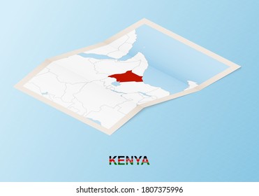 Folded paper map of Kenya with neighboring countries in isometric style on blue vector background.