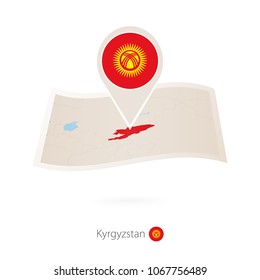 Folded paper map of Kyrgyzstan with flag pin of Kyrgyzstan. Vector Illustration