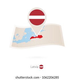 Folded paper map of Latvia with flag pin of Latvia. Vector Illustration