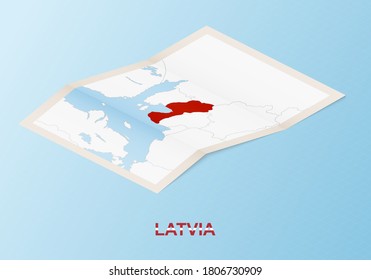 Folded paper map of Latvia with neighboring countries in isometric style on blue vector background.