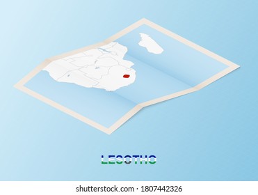 Folded paper map of Lesotho with neighboring countries in isometric style on blue vector background.