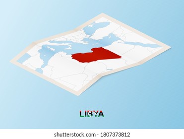 Folded paper map of Libya with neighboring countries in isometric style on blue vector background.