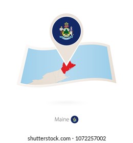Folded paper map of Maine U.S. State with flag pin of Maine. Vector Illustration