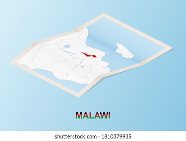 Mapa de papel doblado de Malawi con países vecinos en estilo isométrico sobre fondo vectorial azul.