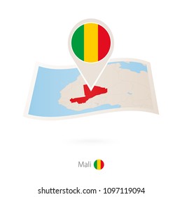 Folded paper map of Mali with flag pin of Mali. Vector Illustration