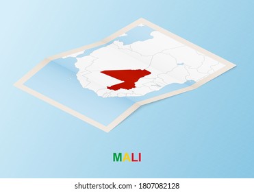 Folded paper map of Mali with neighboring countries in isometric style on blue vector background.