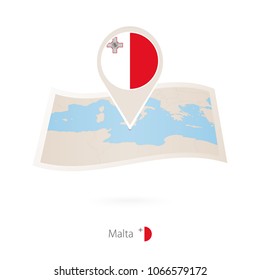 Folded paper map of Malta with flag pin of Malta. Vector Illustration