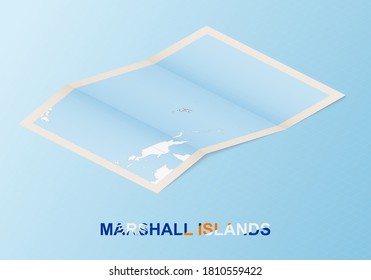 Folded paper map of Marshall Islands with neighboring countries in isometric style on blue vector background.