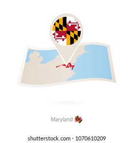 Folded paper map of Maryland U.S. State with flag pin of Maryland. Vector Illustration