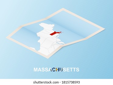 Folded paper map of Massachusetts with neighboring countries in isometric style on blue vector background.