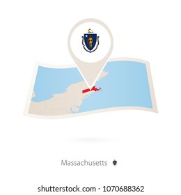 Folded Paper Map Of Massachusetts U.S. State With Flag Pin Of Massachusetts. Vector Illustration