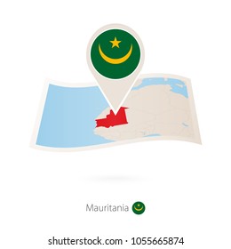Folded paper map of Mauritania with flag pin of Mauritania. Vector Illustration