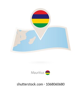 Folded paper map of Mauritius with flag pin of Mauritius. Vector Illustration