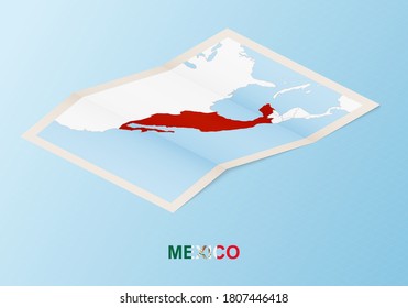 Folded paper map of Mexico with neighboring countries in isometric style on blue vector background.