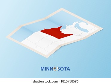 Mapa de papel doblado de Minnesota con países vecinos en estilo isométrico sobre fondo vectorial azul.