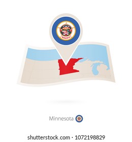 Folded paper map of Minnesota U.S. State with flag pin of Minnesota. Vector Illustration
