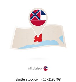 Folded paper map of Mississippi U.S. State with flag pin of Mississippi. Vector Illustration