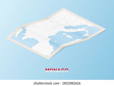 Folded paper map of Monaco with neighboring countries in isometric style on blue vector background.