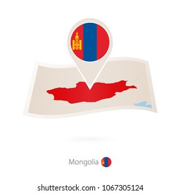 Folded paper map of Mongolia with flag pin of Mongolia. Vector Illustration