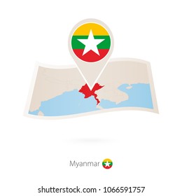 Folded paper map of Myanmar with flag pin of Myanmar. Vector Illustration