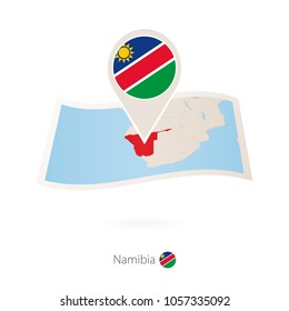 Folded paper map of Namibia with flag pin of Namibia. Vector Illustration