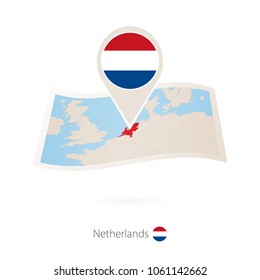 Folded paper map of Netherlands with flag pin of Netherlands. Vector Illustration