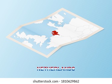 Folded paper map of Netherlands with neighboring countries in isometric style on blue vector background.