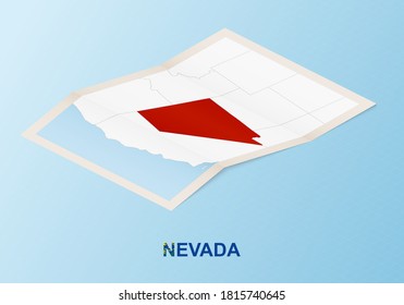 Folded paper map of Nevada with neighboring countries in isometric style on blue vector background.