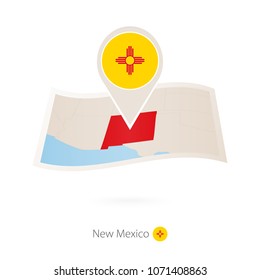 Folded paper map of New Mexico U.S. State with flag pin of New Mexico. Vector Illustration