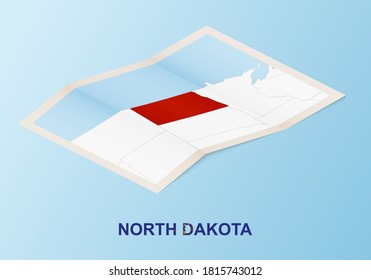 Folded paper map of North Dakota with neighboring countries in isometric style on blue vector background.