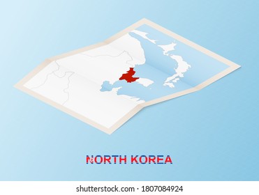 Folded paper map of North Korea with neighboring countries in isometric style on blue vector background.
