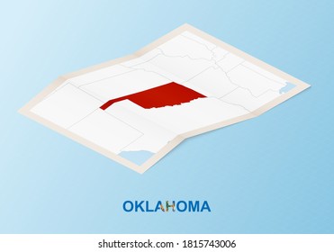 Folded paper map of Oklahoma with neighboring countries in isometric style on blue vector background.