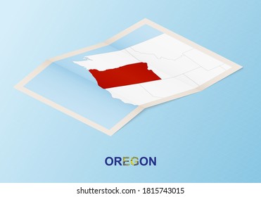 Folded paper map of Oregon with neighboring countries in isometric style on blue vector background.