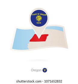 Folded Paper Map Of Oregon U.S. State With Flag Pin Of Oregon. Vector Illustration