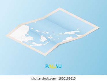 Mapa de papel doblado de Palau con países vecinos en estilo isométrico sobre fondo vectorial azul.