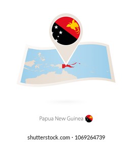 Folded paper map of Papua New Guinea with flag pin of Papua New Guinea. Vector Illustration