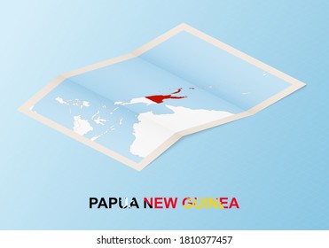 Mapa de papel doblado de Papúa Nueva Guinea con países vecinos en estilo isométrico sobre fondo vectorial azul.