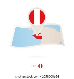 Folded paper map of Peru with flag pin of Peru. Vector Illustration